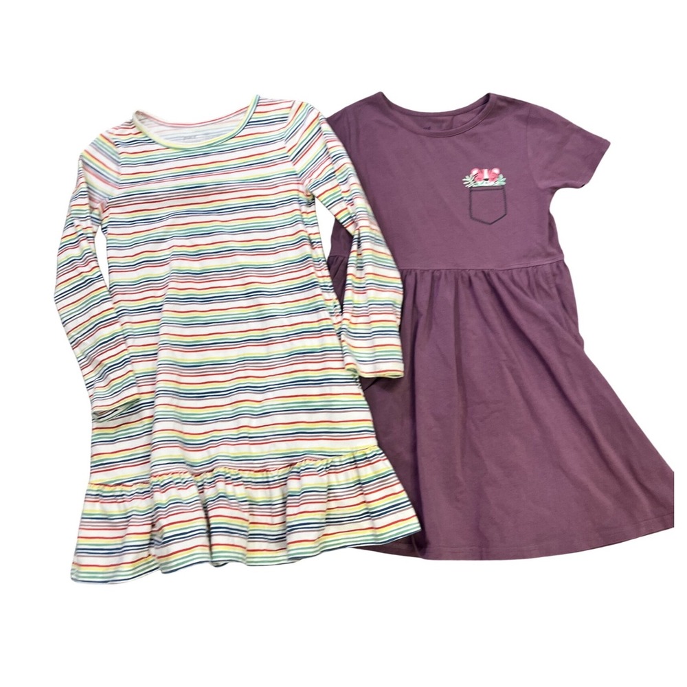 Pact Girls Organic Cotton Dress Lot of 2 Size 8/9 Rainbow Stripe Purple Cat